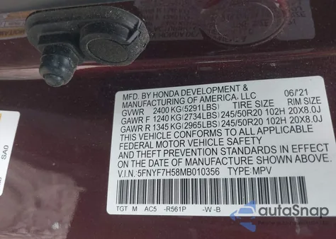 2021 Honda Passport 2Wd Ex-L z USA, uszkodzony, nr VIN 5FNYF7H58MB010356